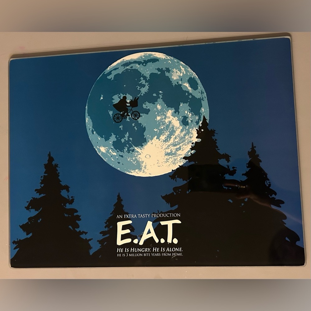 ET inspired glass large cutting board. 16x12 E.A.T. Used classic movie.
